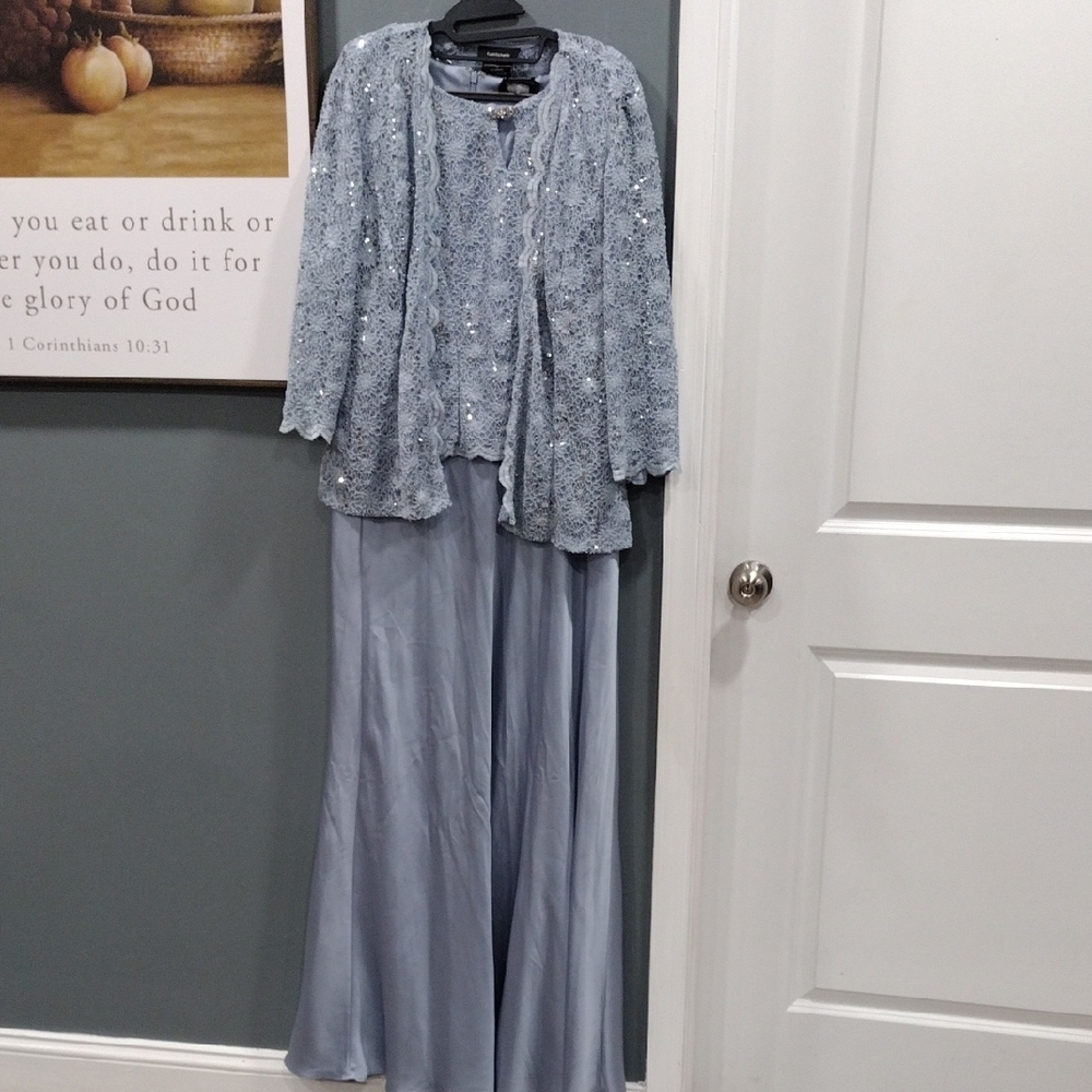 R&M Richards Light Blue Lace Dress with Jewel Accent